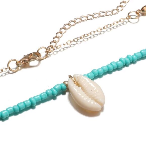 Turquoise Cowrie SeaShell & Beads Necklace (v1) - Picture 6 of 8